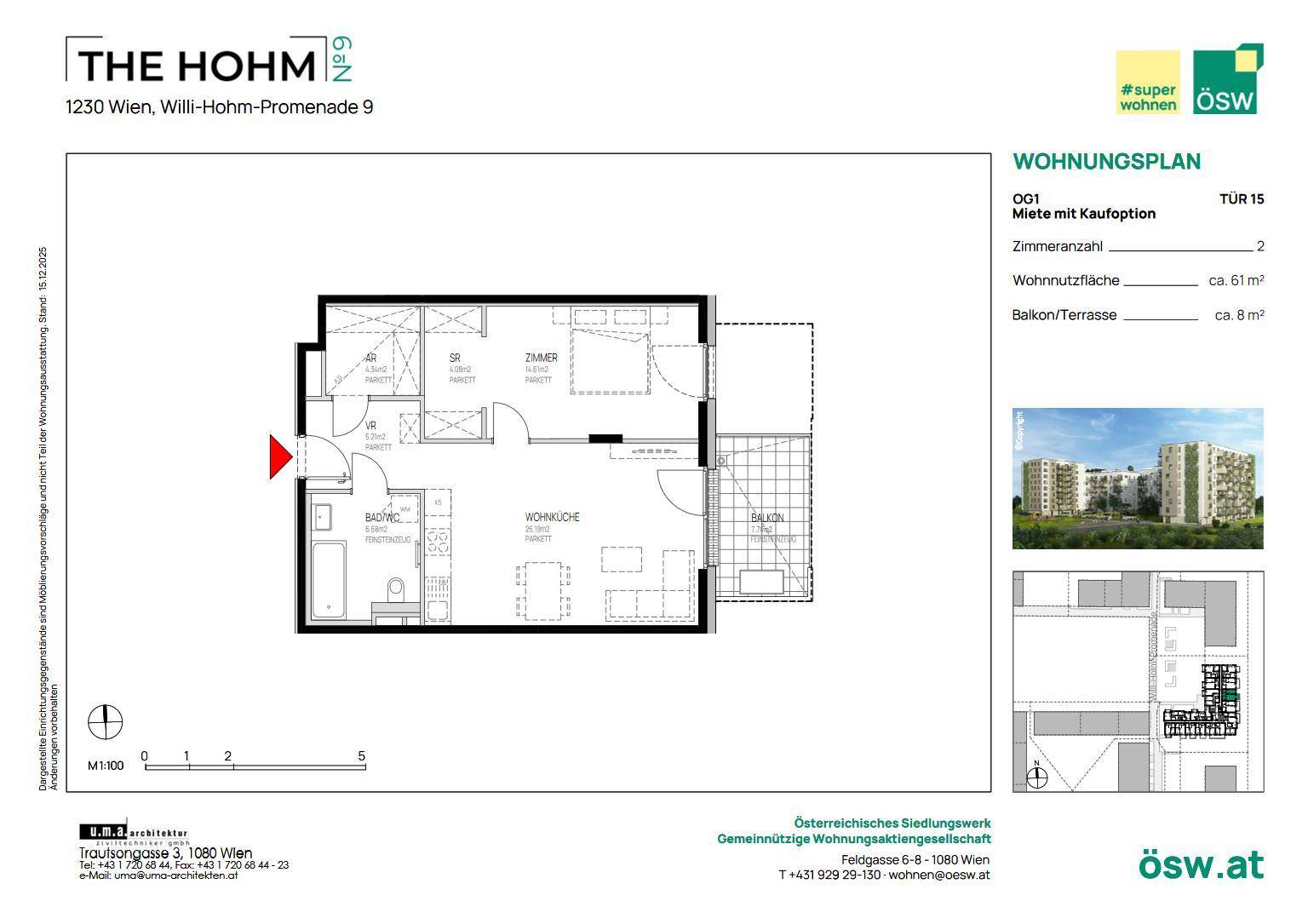 Grundriss einer Wohnung mit zwei Zimmern, Wohnküche und Balkon/Terrasse.