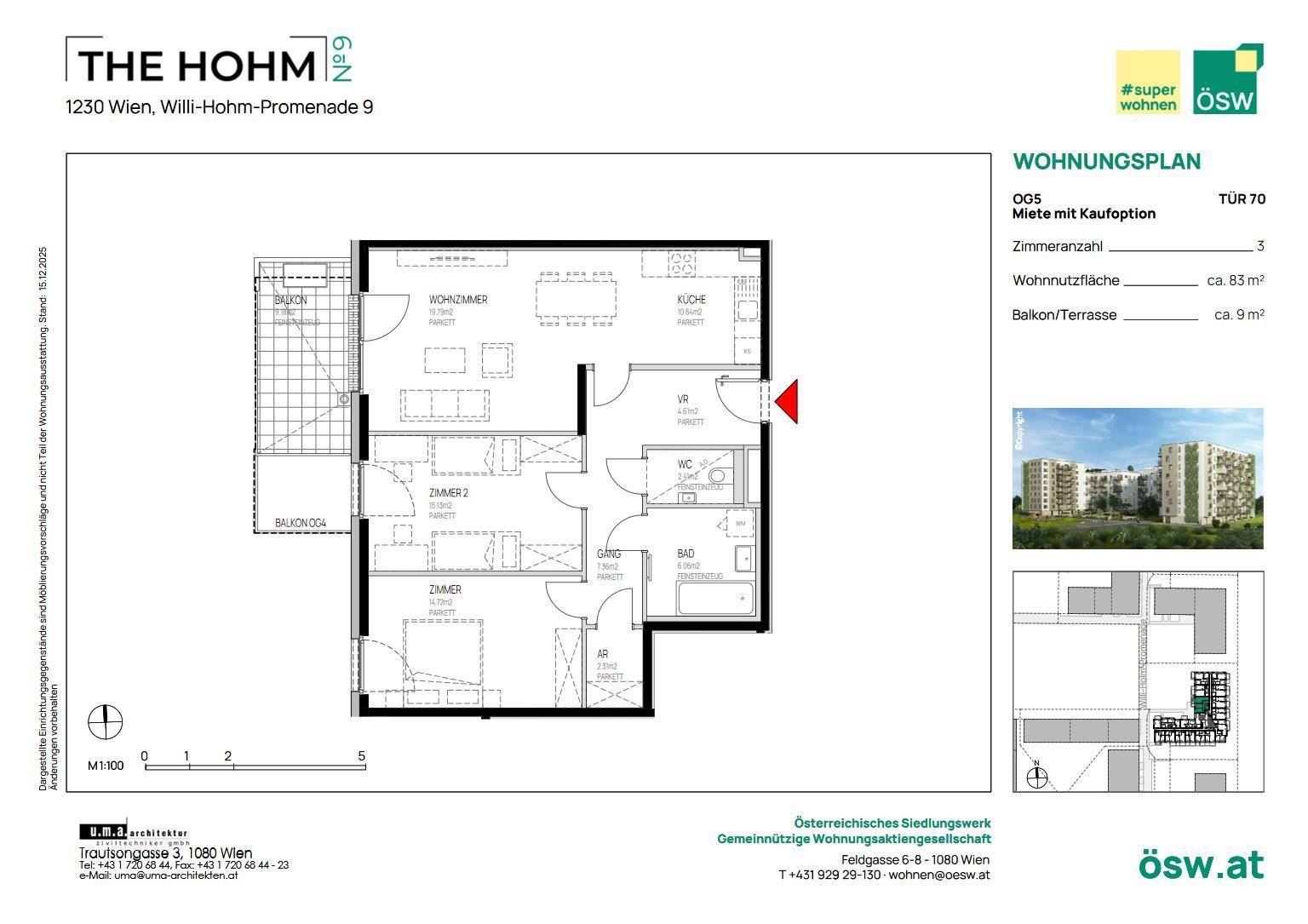 Grundriss einer 3-Zimmer-Wohnung mit Balkon und separatem WC.