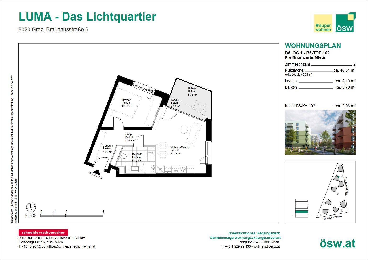 Grundriss einer Wohnung mit offenem Wohn-Essbereich, Schlafzimmer, Bad, Loggia und Balkon.