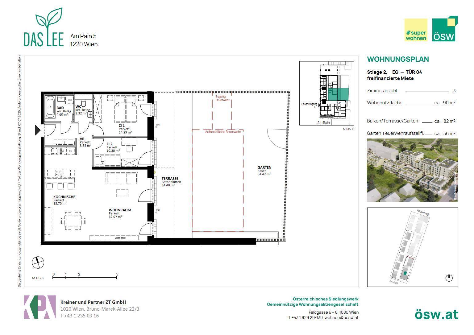 Grundriss einer Wohnung mit offenem Wohnbereich, Terrasse und Garten.