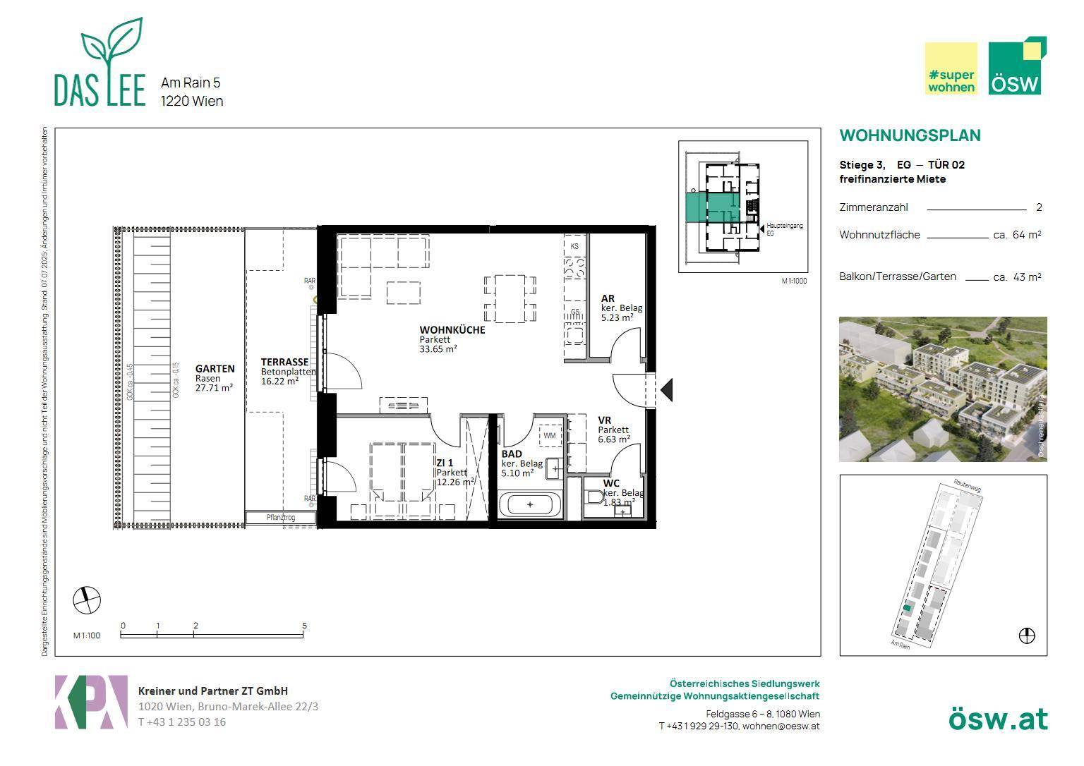 Detaillierter Grundriss einer Wohnung mit Wohnküche, Schlafzimmer, Terrasse und Garten.