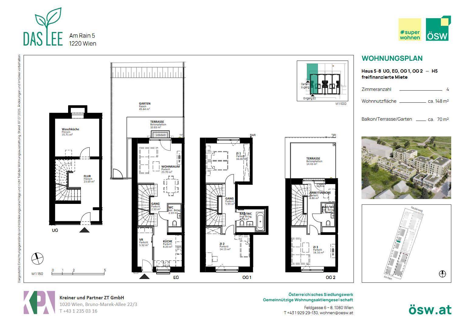 Detaillierter Grundrissplan einer Wohneinheit über mehrere Etagen mit Garten und Terrasse.