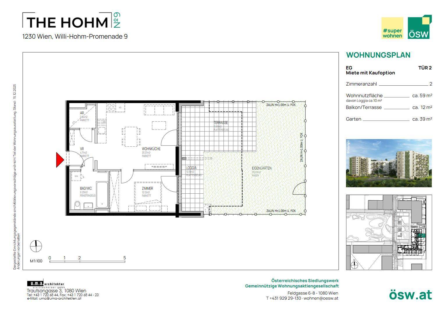 Grundriss einer Erdgeschosswohnung mit offenem Wohnbereich, Terrasse und privatem Garten.