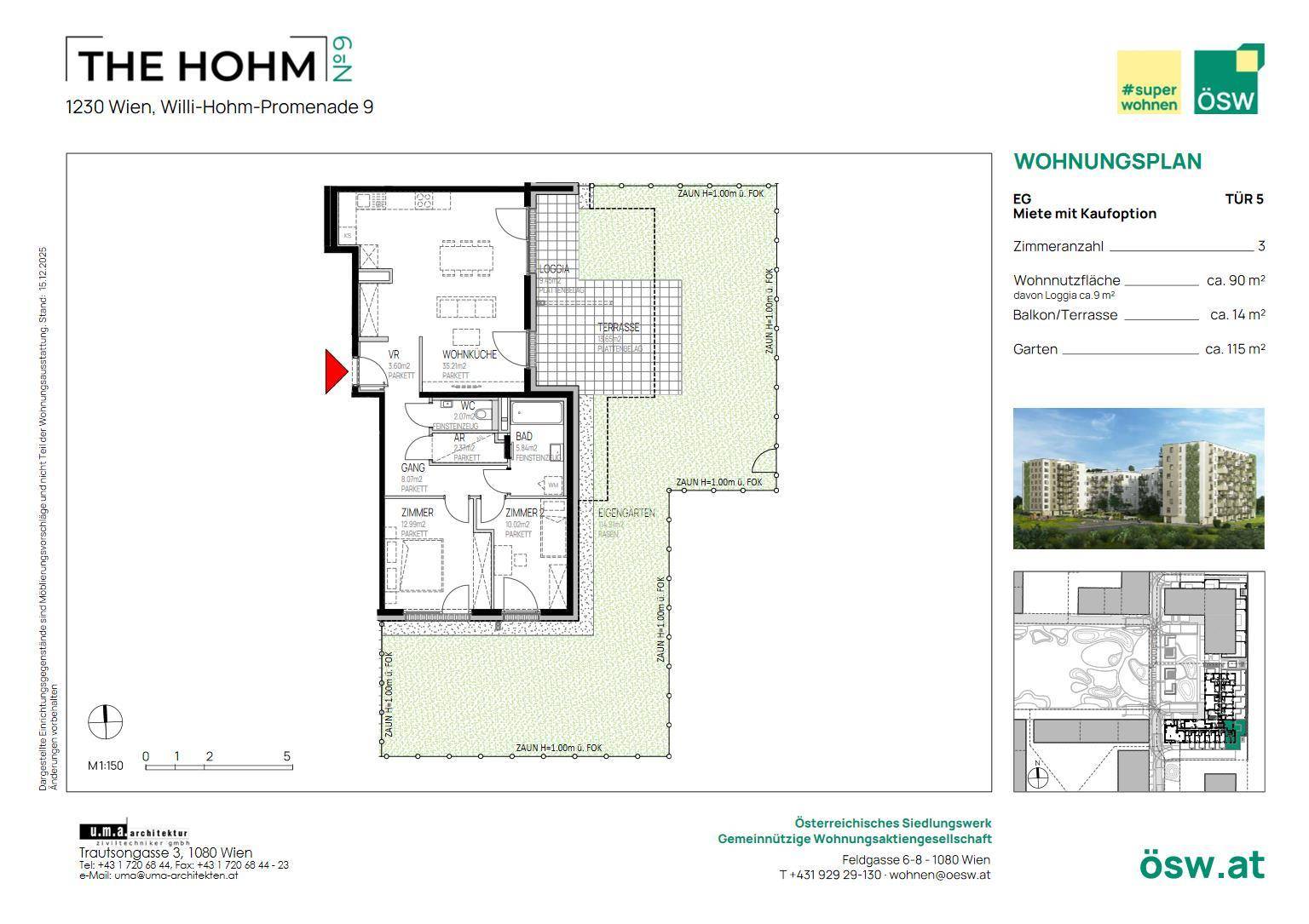 Grundriss einer Wohnung mit drei Zimmern, offener Wohnküche, Bad, WC, Balkon, Terrasse und Garten.