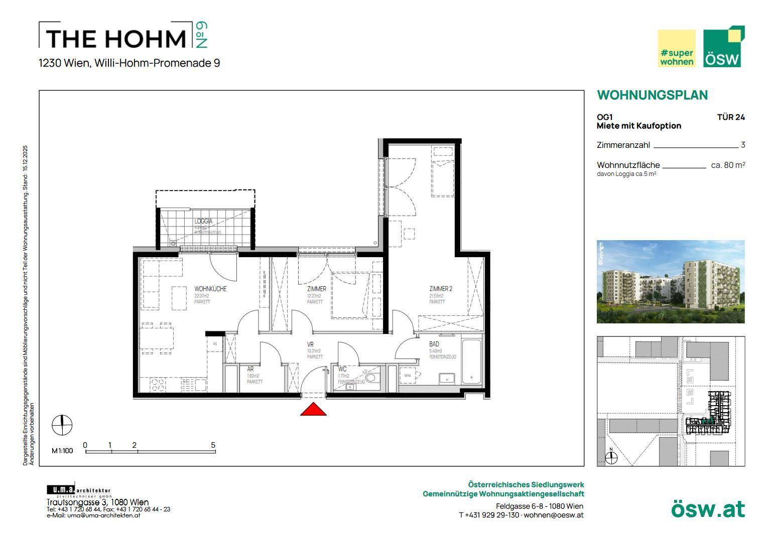 Detaillierter Wohnungsplan mit offener Wohnküche, zwei Zimmern und Loggia.