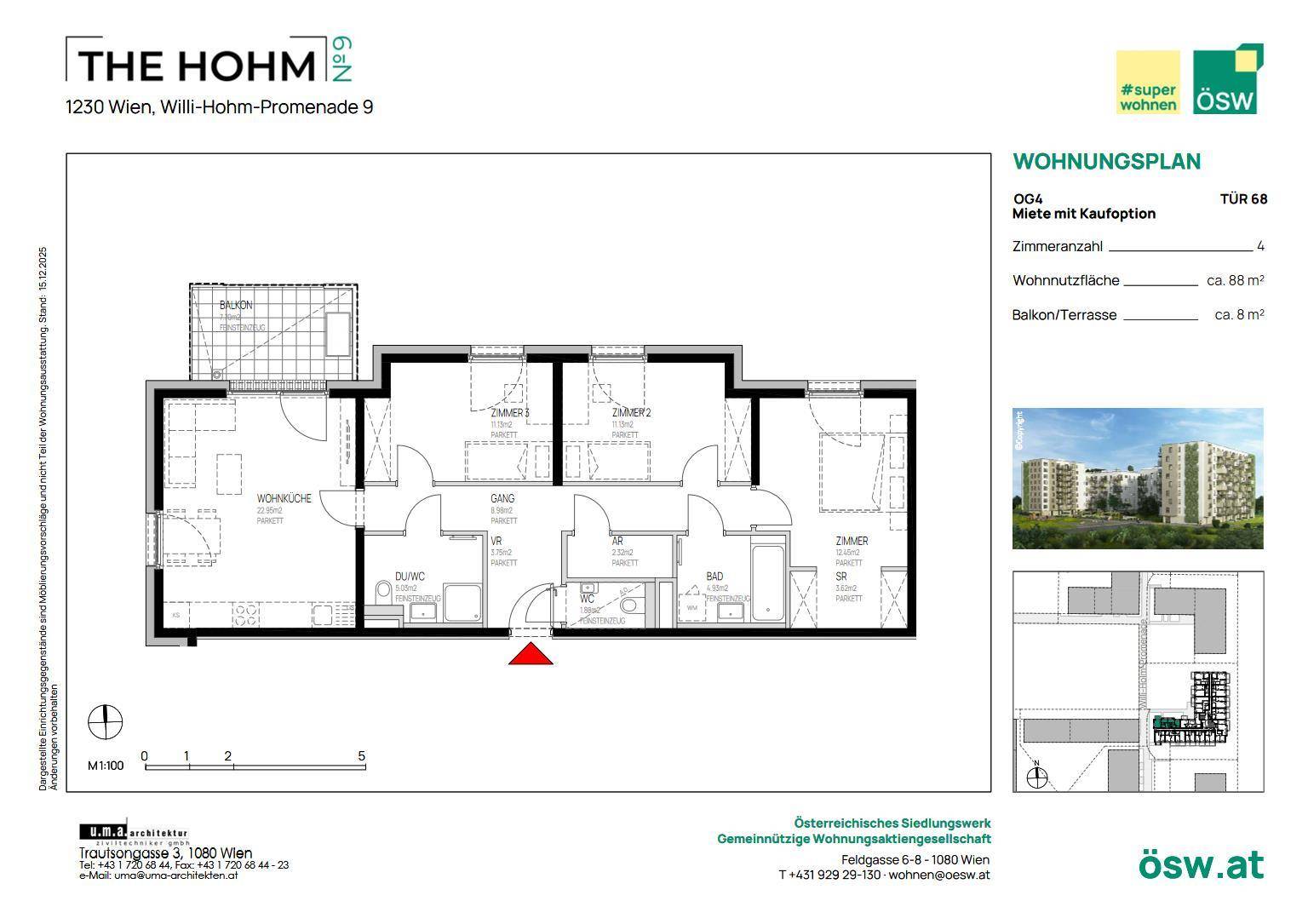 Grundriss einer Wohnung mit drei Zimmern, offenem Wohnbereich und Zugang zu einem Balkon.