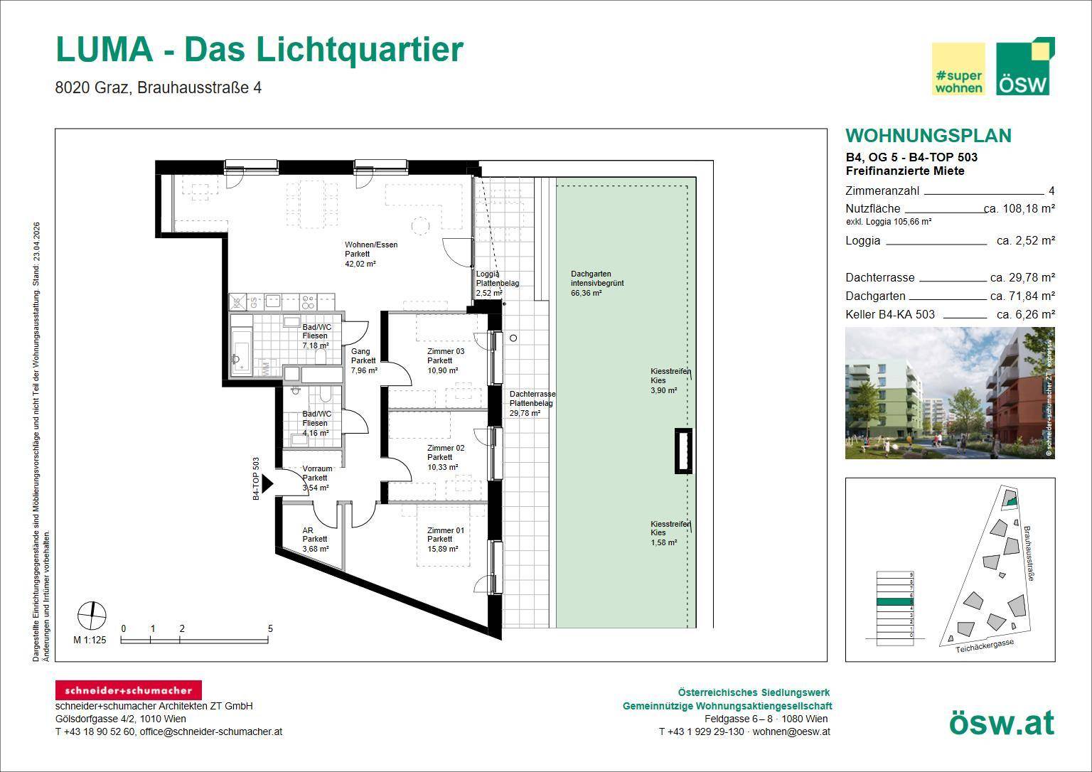 Detaillierter Wohnungsplan mit drei Schlafzimmern, Loggia und Dachterrasse.