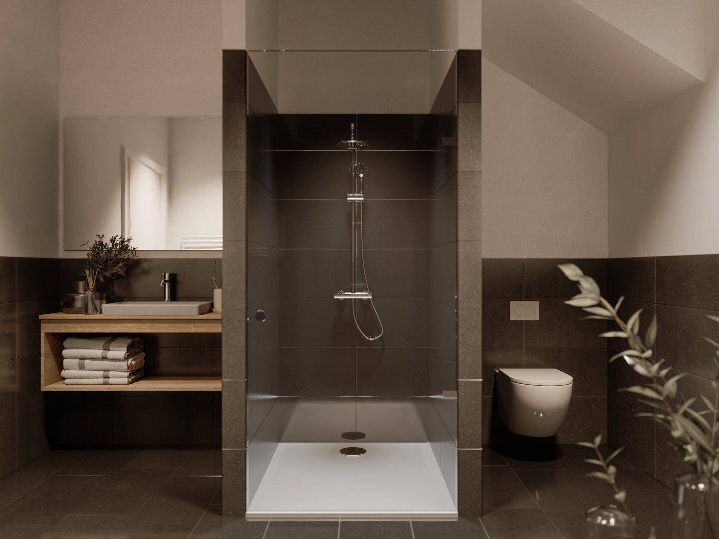 Modernes Badezimmer mit großer begehbarer Dusche, Wand-WC und stilvollem Waschtisch.