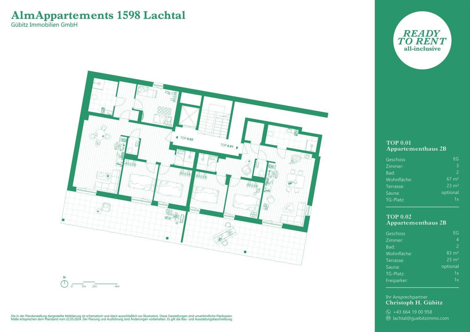 Detaillierter Grundrissplan von Erdgeschoss-Apartments mit großzügigen Terrassen und funktionaler Aufteilung.