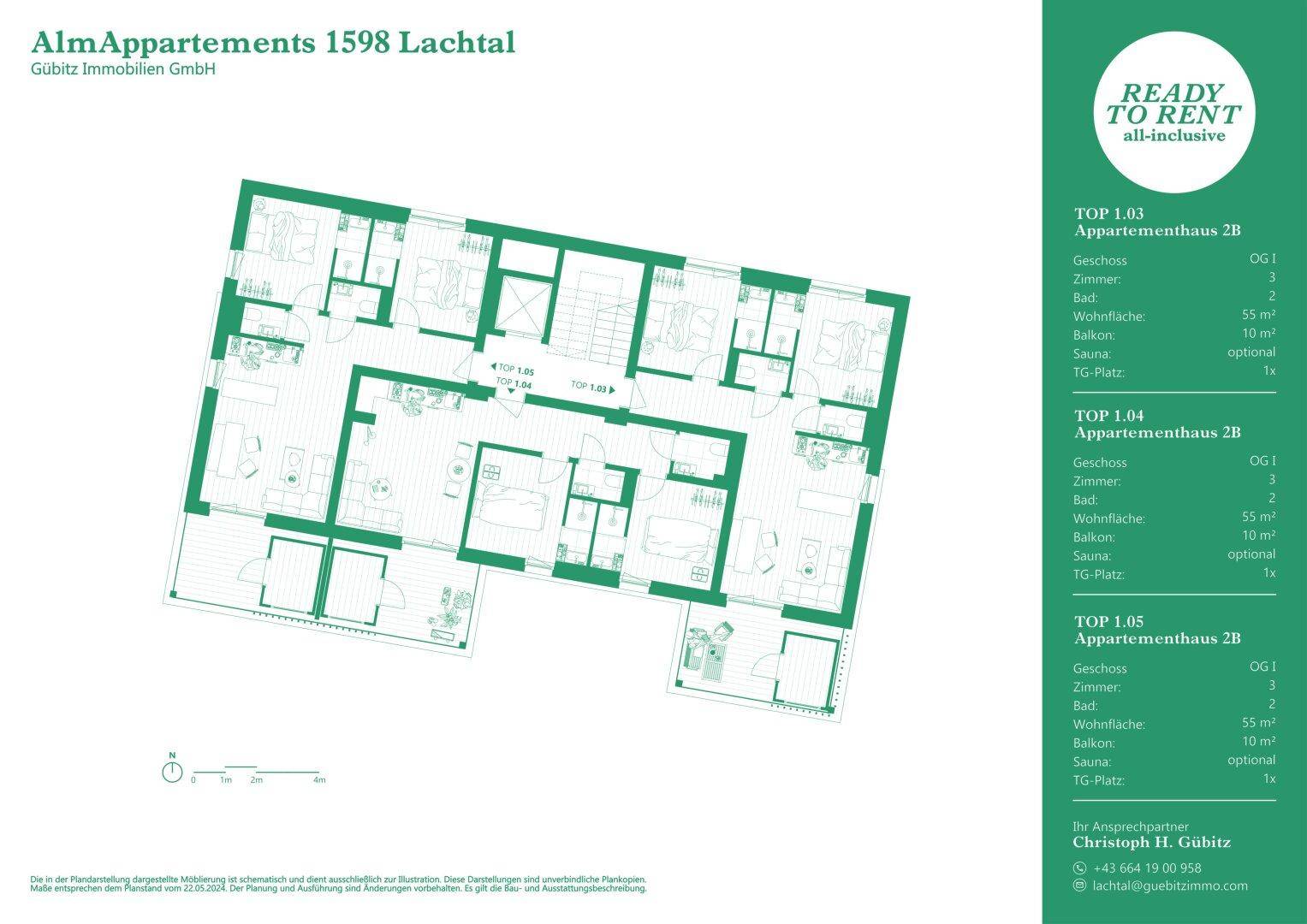 Grundrissplan zeigt mehrere Apartments im Obergeschoss mit offenem Wohnbereich, Balkonen und separaten WCs.