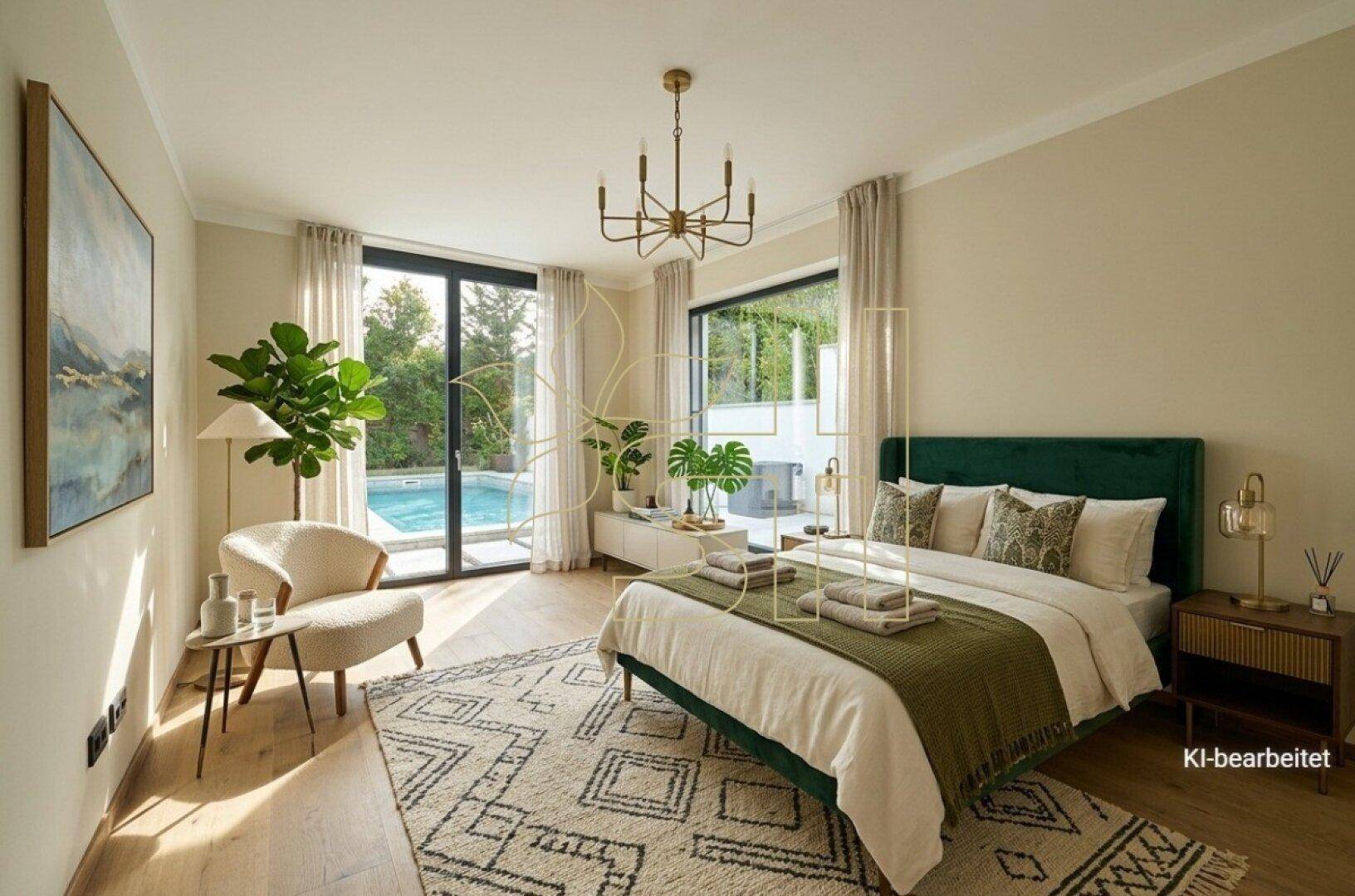 Stilvolles Schlafzimmer mit grünem Samtbett, Holzboden und Blick auf den privaten Poolbereich.