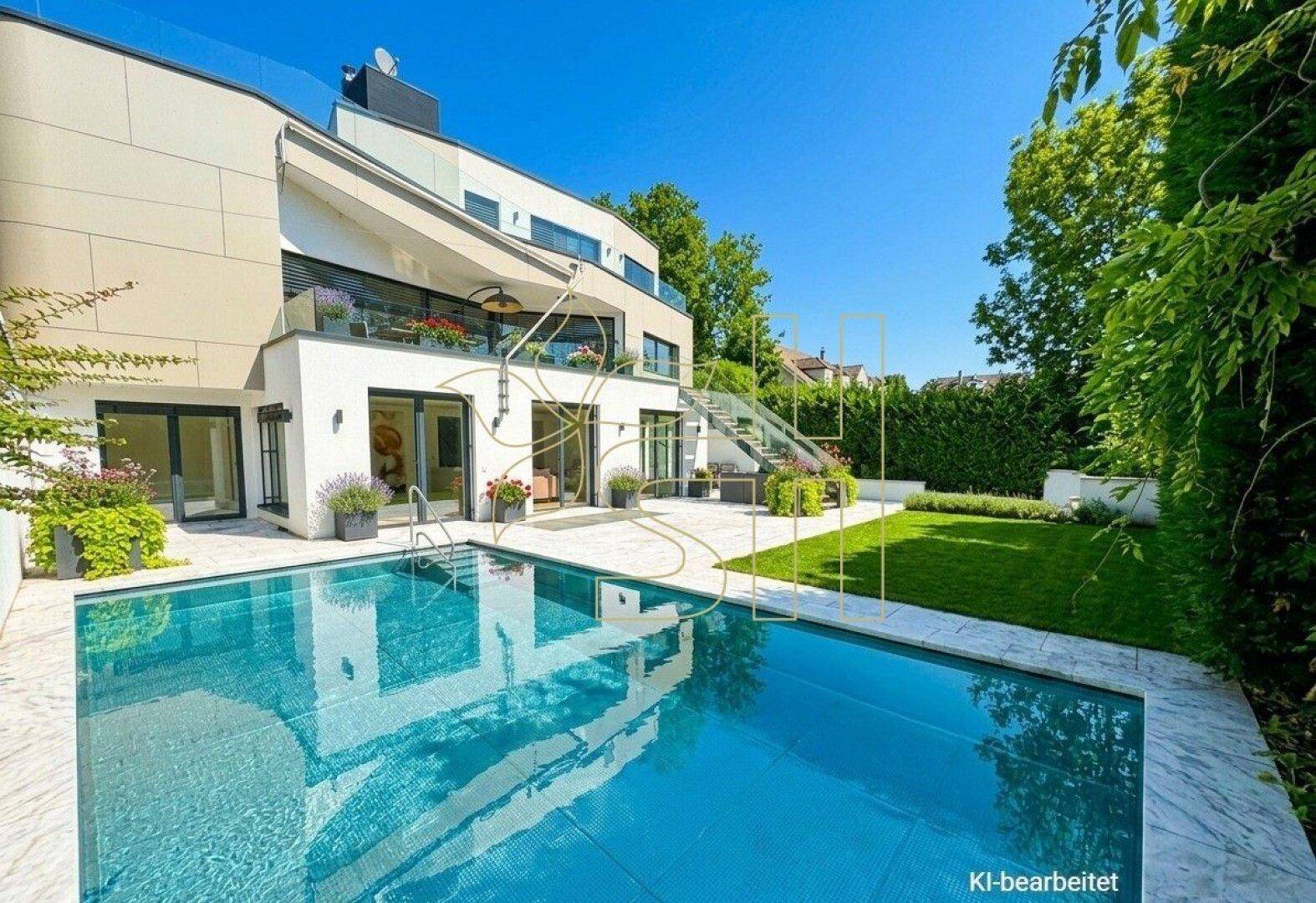 Moderne Villa mit abgedecktem Außenpool, gepflegtem Rasen und sonniger Terrasse.