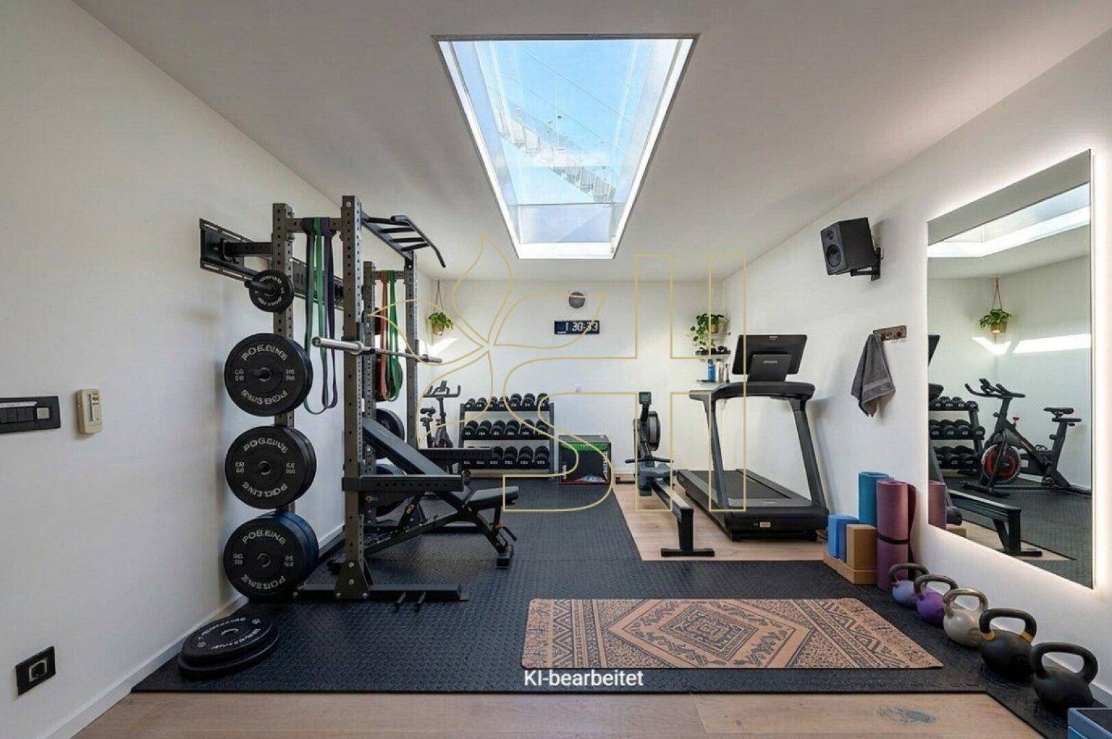 Gut ausgestatteter Fitnessraum mit verschiedenen Trainingsgeräten, großem Spiegel und Oberlicht.