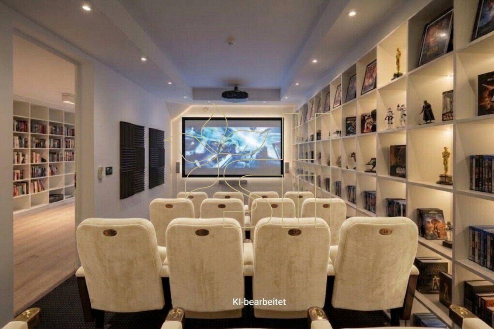 Exklusiver Medienraum mit bequemen Kinosesseln, großer Leinwand und integrierten Regalen für Sammlungen.