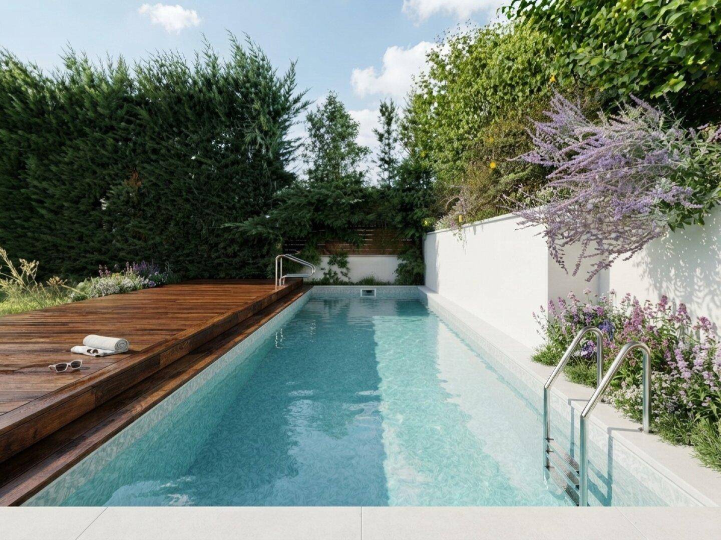 Langer, schmaler Swimmingpool im Gartenbereich mit Holzdeck und üppiger Bepflanzung.
