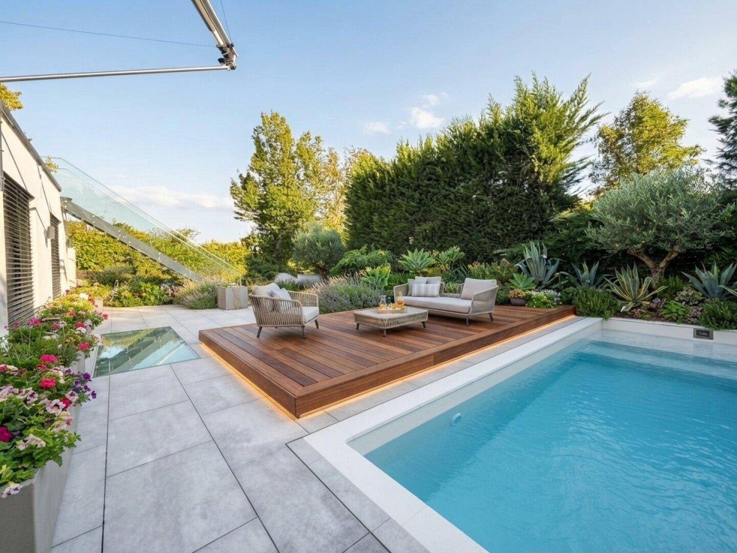 Luxuriöser Gartenbereich mit Swimmingpool, Holzdeck und bequemen Outdoor-Möbeln, umgeben von üppigem Grün.