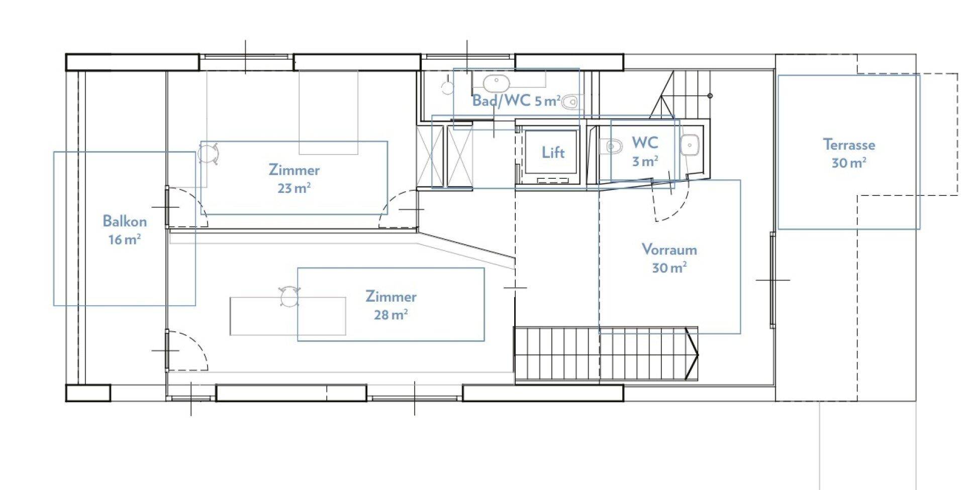 Grundriss eines weiteren Obergeschosses mit zwei Zimmern, Bad, WC, Balkon und Terrasse.