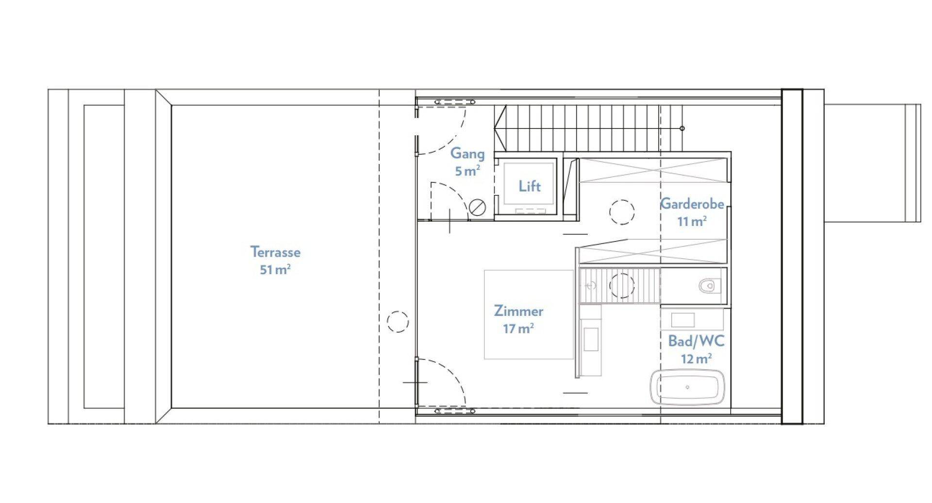 Grundriss eines Zimmers mit Bad, WC, Garderobe, großer Terrasse und Aufzug.