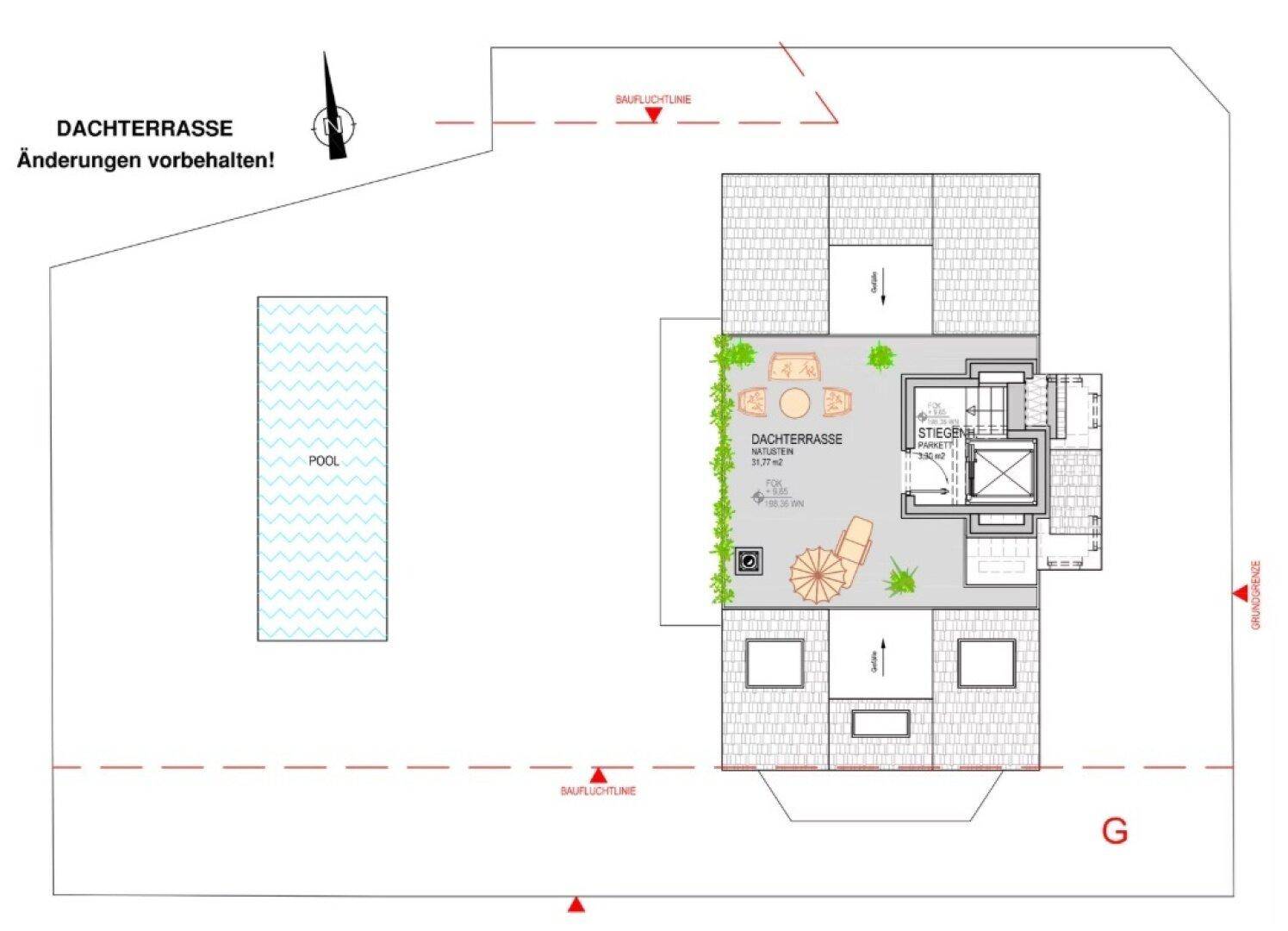 Grundriss der Dachterrasse mit Sitzgelegenheiten und Blick auf die Umgebung.