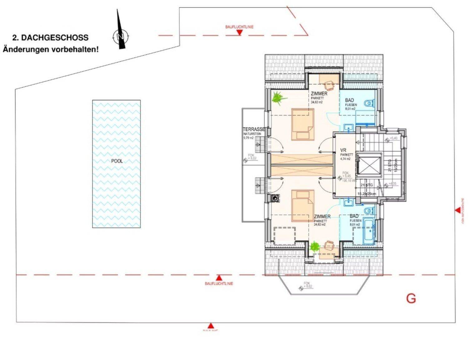 Grundriss des zweiten Dachgeschosses mit zwei Schlafzimmern, Bädern und Terrasse.