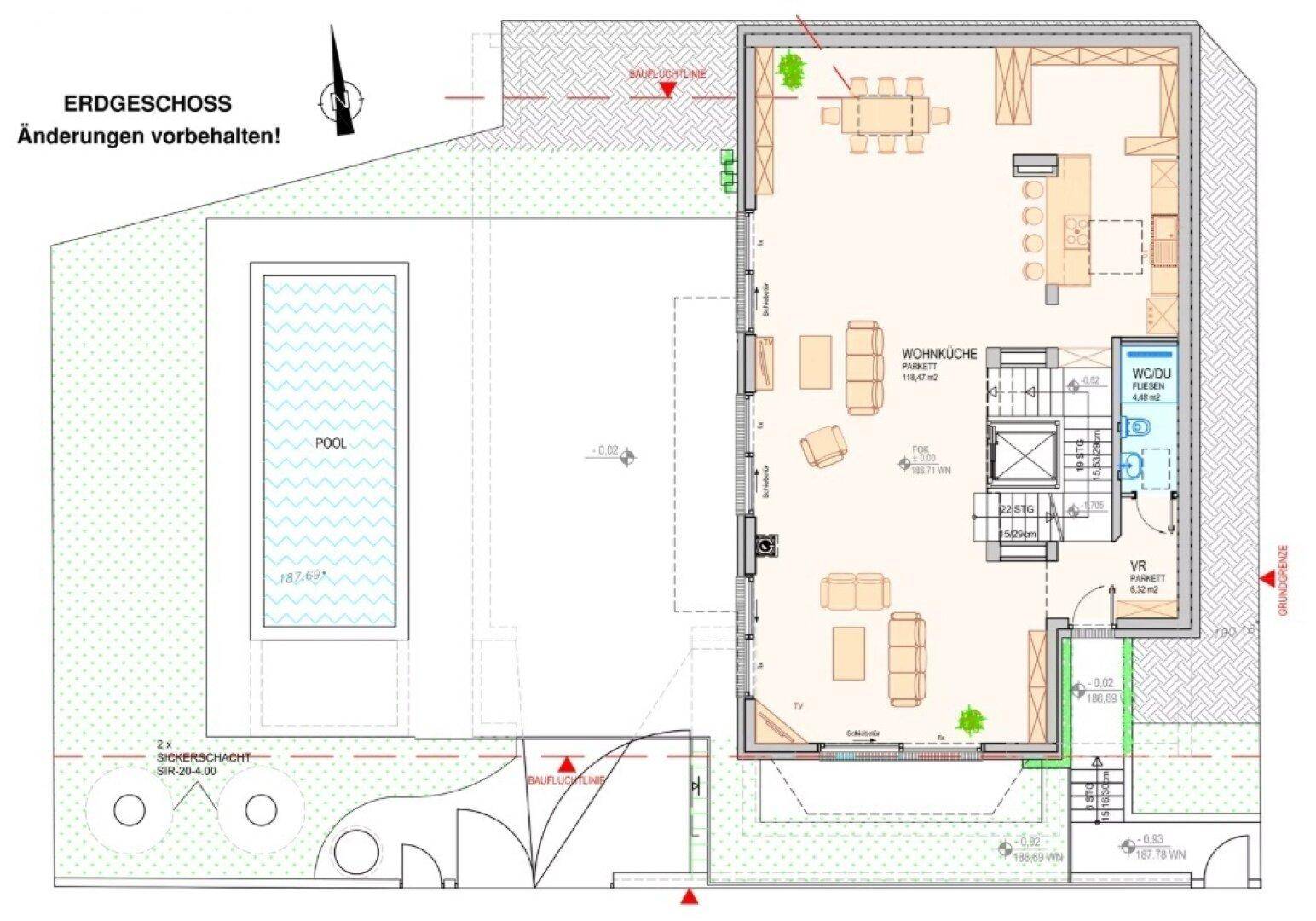 Grundriss des Erdgeschosses mit offener Wohnküche, Essbereich und Zugang zum Pool.