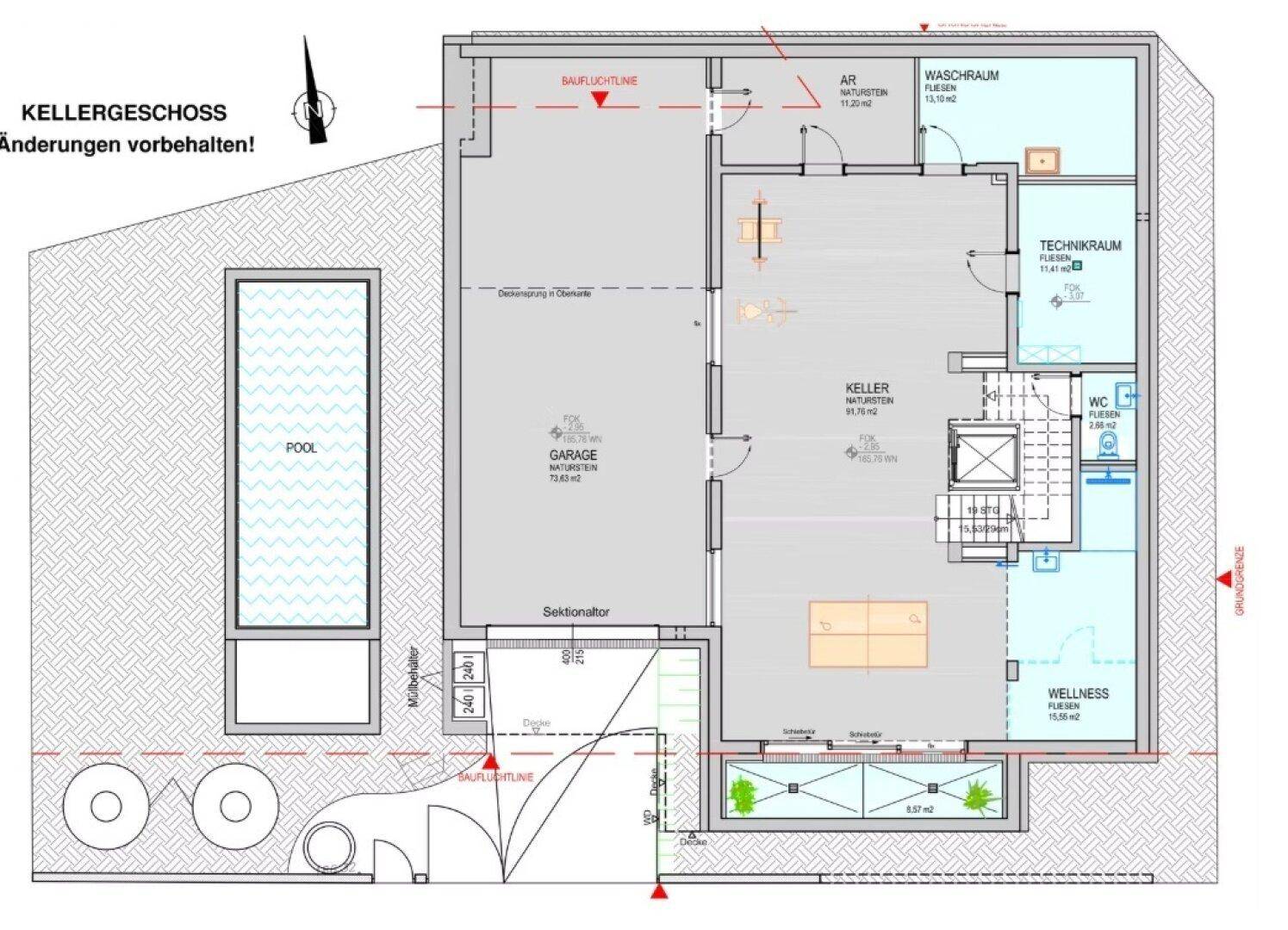 Grundriss des Kellergeschosses mit Garage, Kellerraum, Waschraum und Wellnessbereich.