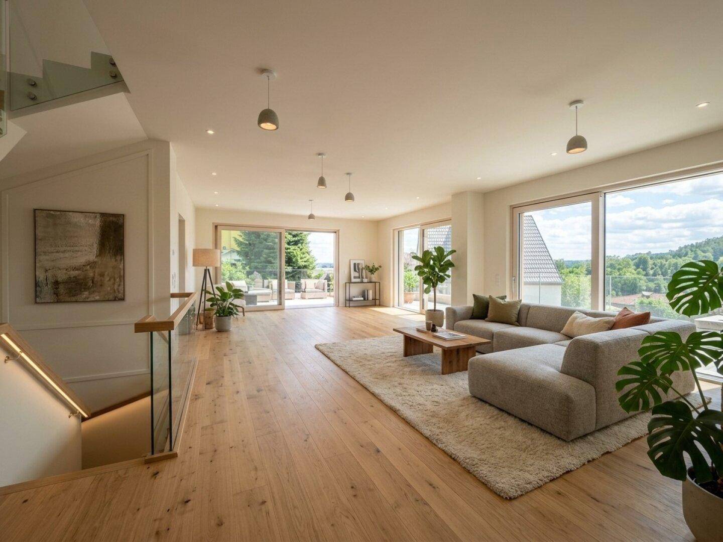 Geräumiges Wohnzimmer mit hellem Holzparkett, großen Fenstern und Zugang zur Terrasse.