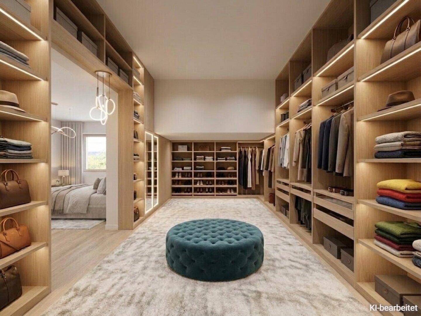 Geräumiger begehbarer Kleiderschrank mit viel Stauraum und indirekter Beleuchtung, angrenzend an das Schlafzimmer.