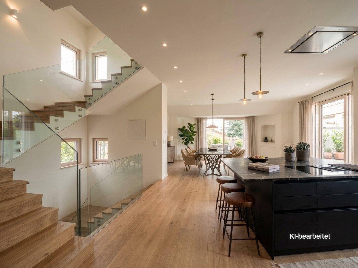 Offener Wohnbereich mit moderner Küche, Essbereich und eleganter Holztreppe mit Glasgeländer.