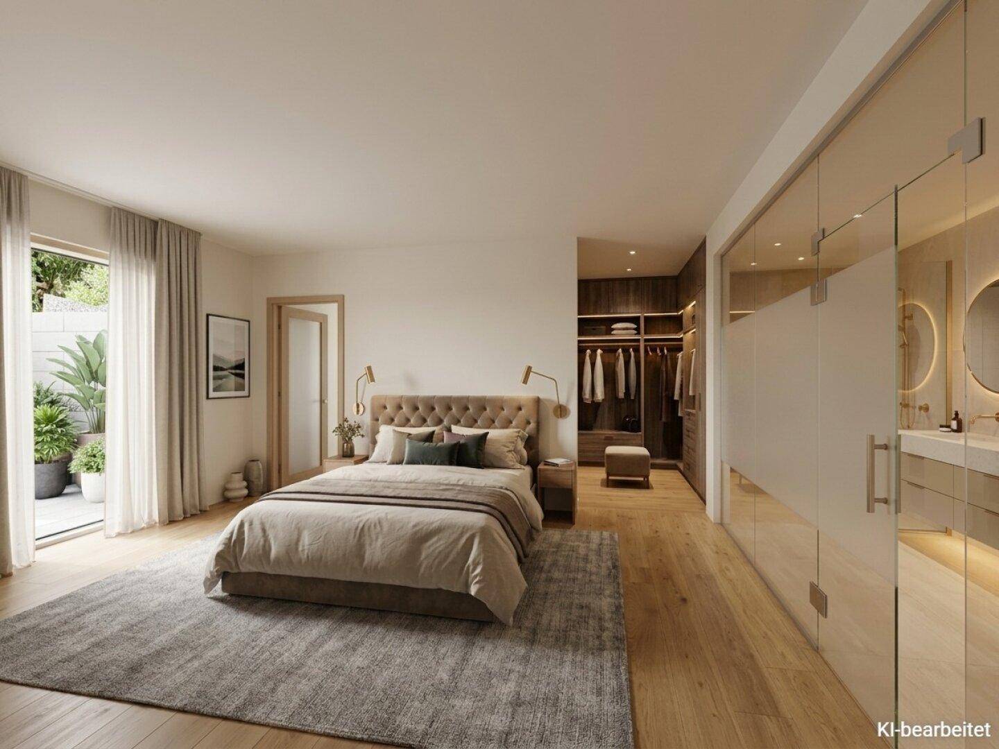 Helles Schlafzimmer mit Zugang zu einem begehbaren Kleiderschrank und einem modernen Bad en suite.