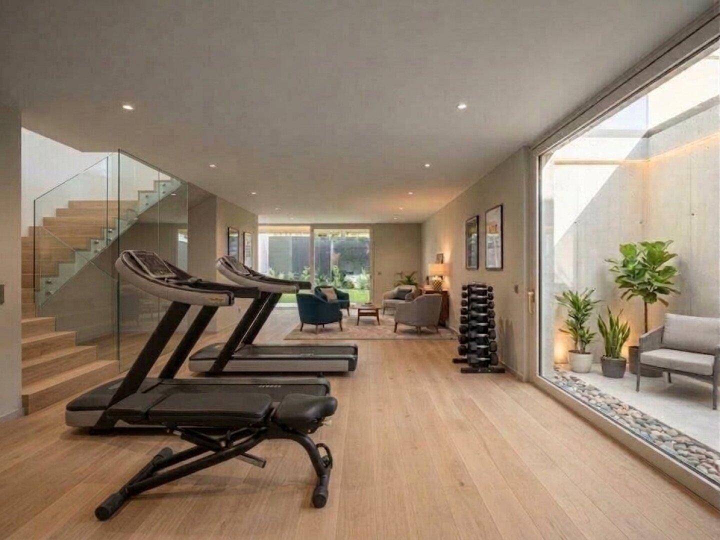 Moderner Fitnessbereich mit Laufbändern, Gewichten und Blick auf einen kleinen Innenhof.