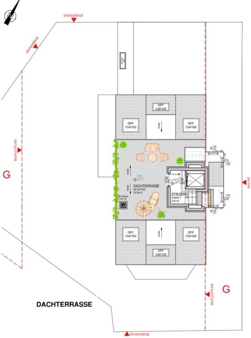 Grundriss der Dachterrasse mit großzügigem Außenbereich und Sitzgelegenheiten.