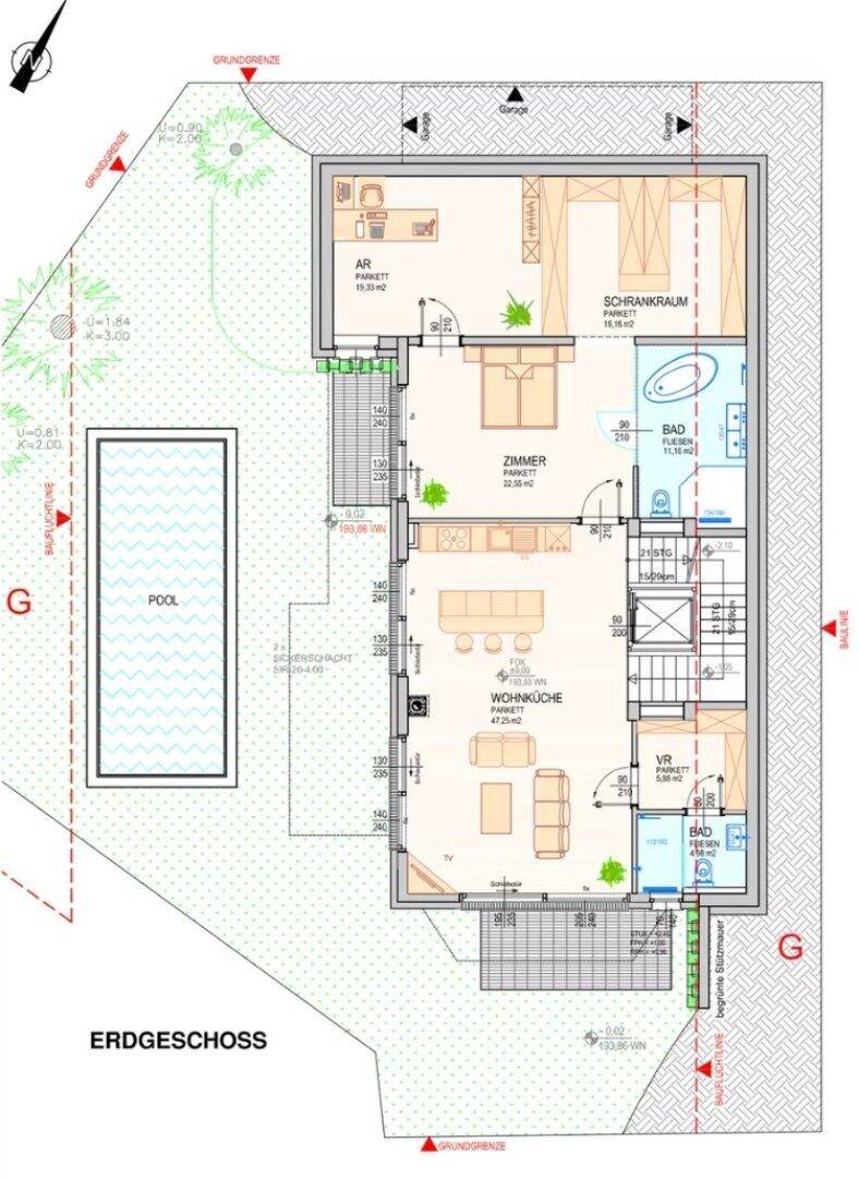 Grundriss des Erdgeschosses mit Wohnküche, Schlafzimmer, Bad und Außenpool.
