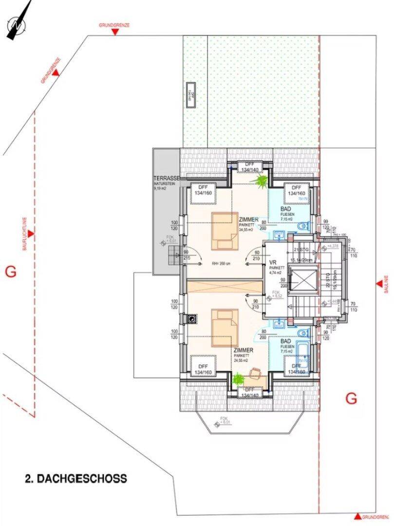 Grundriss des zweiten Dachgeschosses mit zwei Schlafzimmern, zwei Bädern und einer Terrasse.