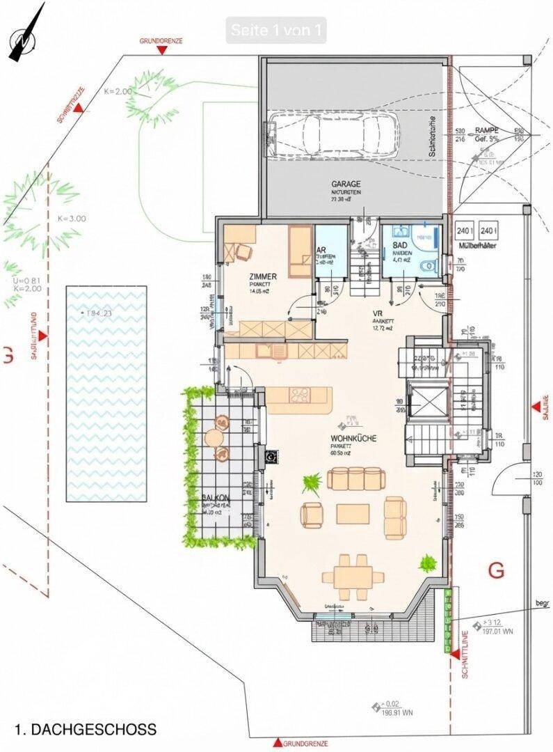 Grundriss des ersten Dachgeschosses mit Garage, Wohnküche, Schlafzimmer und Balkon.