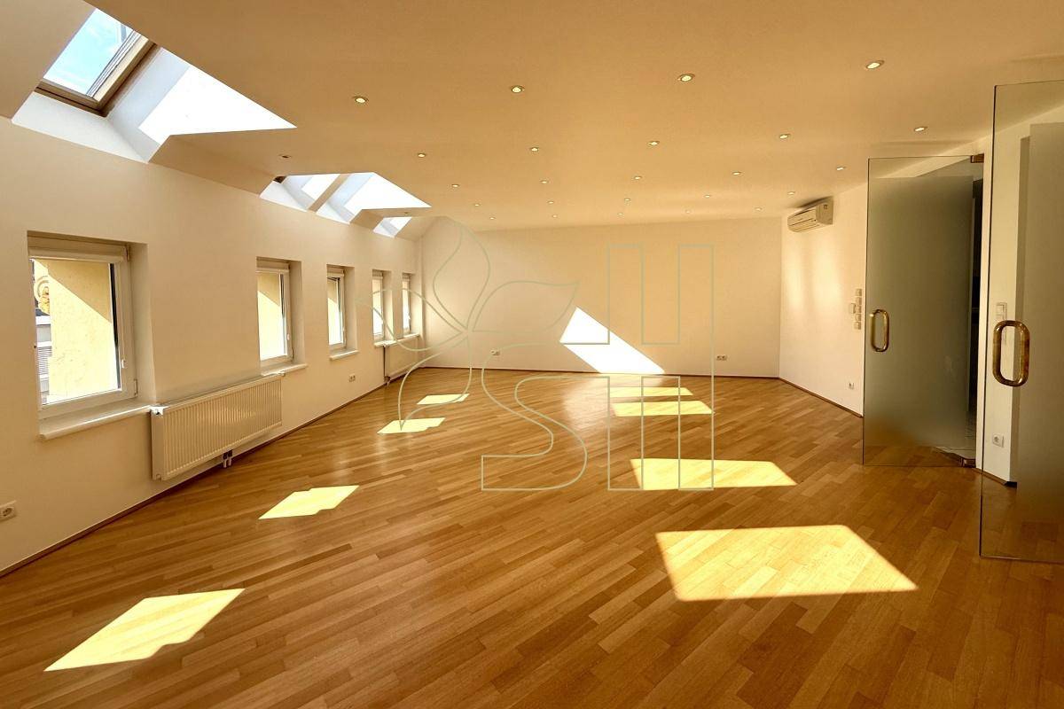 Heller Wohnraum mit Holzparkett, Dachfenstern, Klimaanlage und modernen Glastüren.