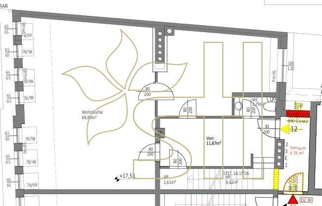 Grundriss des ersten Dachgeschosses mit offener Wohnküche und separatem Gäste-WC.