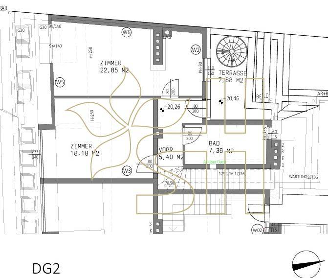 Grundriss des zweiten Dachgeschosses mit zwei Zimmern, einem Badezimmer und einer Terrasse.