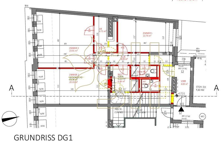 Detaillierter Grundriss des ersten Dachgeschosses mit mehreren Zimmern, Bädern und offenem Wohnbereich.