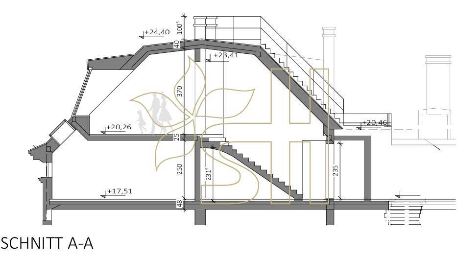 Schnittansicht des Gebäudes mit Darstellung der Dachschrägen und internen Treppenverläufe.