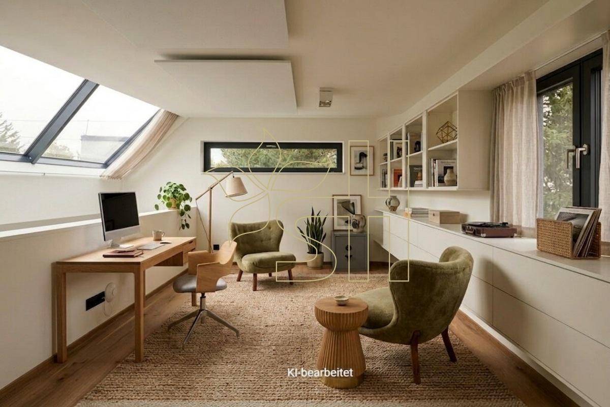 Helles Arbeitszimmer im Dachgeschoss mit Schreibtisch, Regalen und Dachfenstern für viel Licht.
