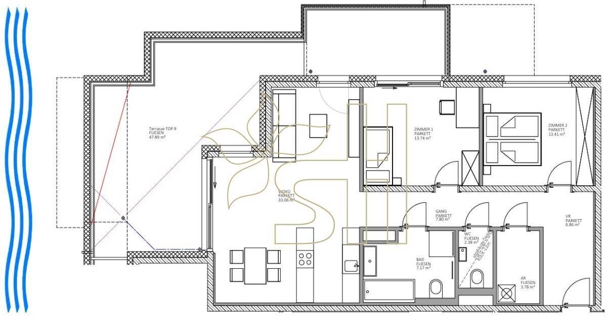 Detaillierter Grundriss einer Wohnung mit mehreren Zimmern, Bad, Küche und einer großen Terrasse.