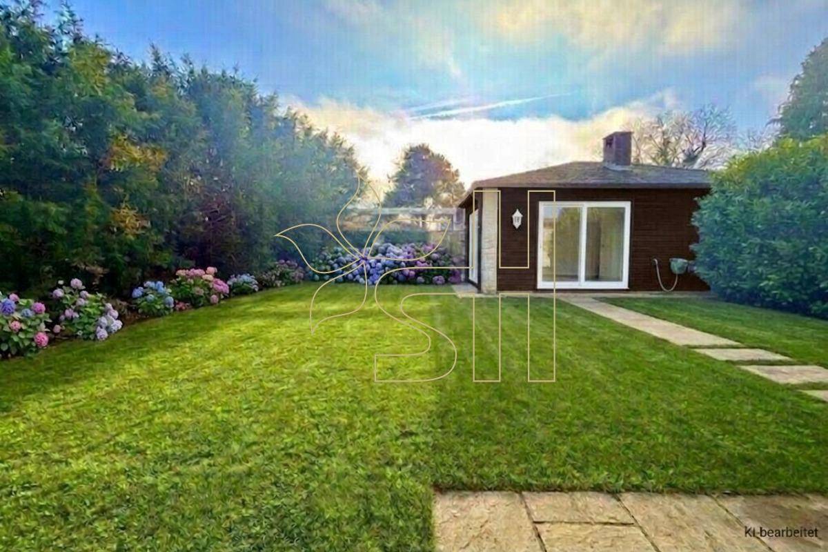 Sonniger Gartenbereich mit üppigem Rasen, blühenden Hortensien und einem kleinen Gartenhaus im Hintergrund.