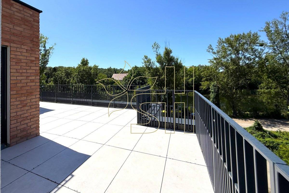 Weitläufige Terrasse mit schwarzem Metallgeländer und Panoramablick auf den See und die umliegenden Bäume.