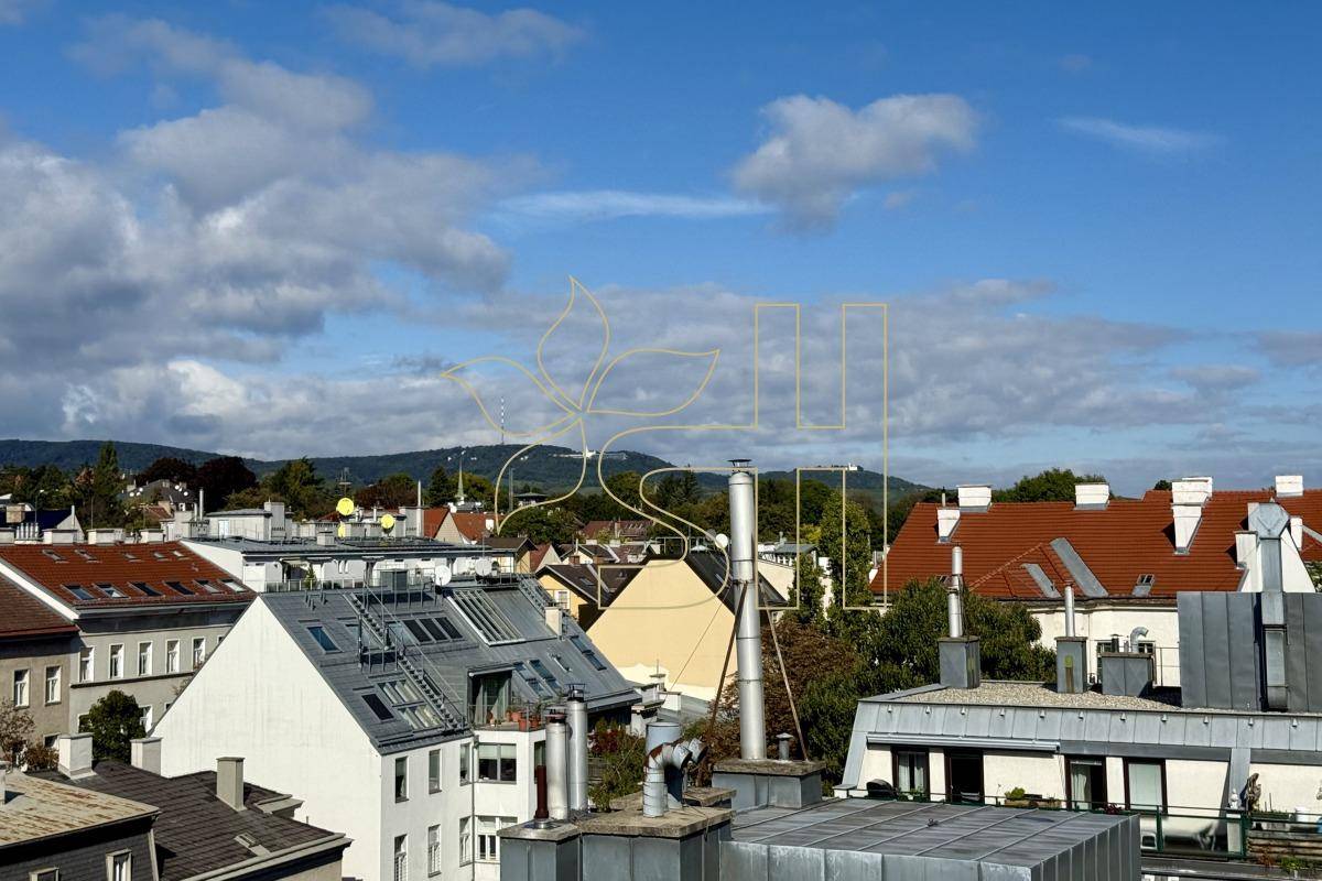 Weitblick über die Dächer der Stadt auf grüne Hügel und eine ländliche Umgebung.