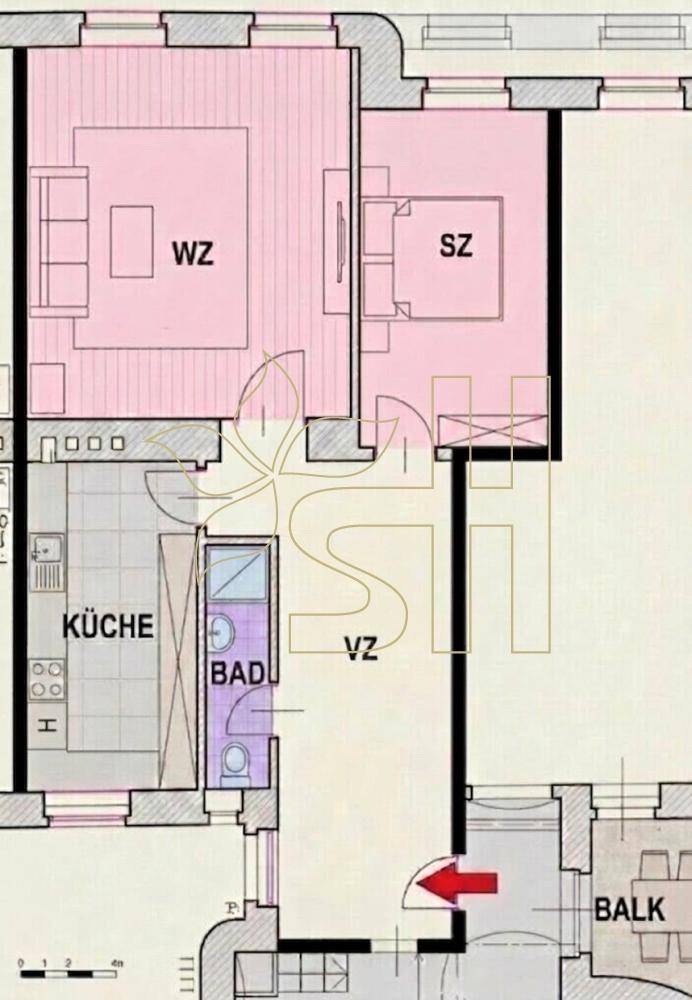 Grundriss der Wohnung mit Wohnzimmer, Schlafzimmer, Küche, Bad und Balkon.