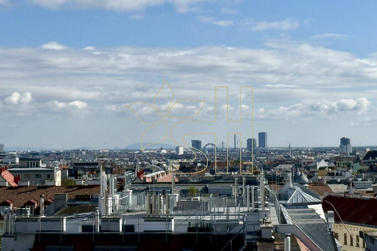 Beeindruckender Blick auf die Skyline der Stadt mit modernen Hochhäusern und weitem Horizont.