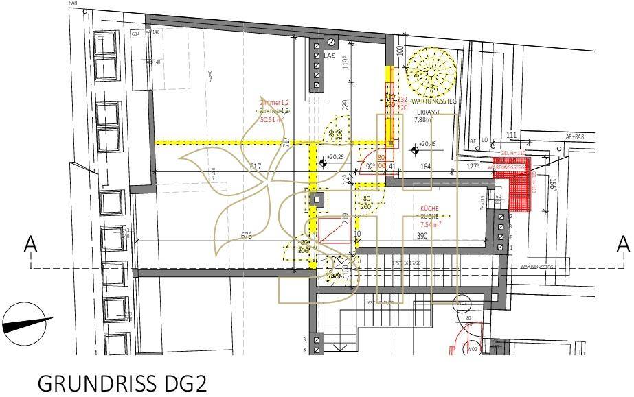 Detaillierter Grundriss des zweiten Dachgeschosses mit Küche, Zimmern und einer Terrasse.