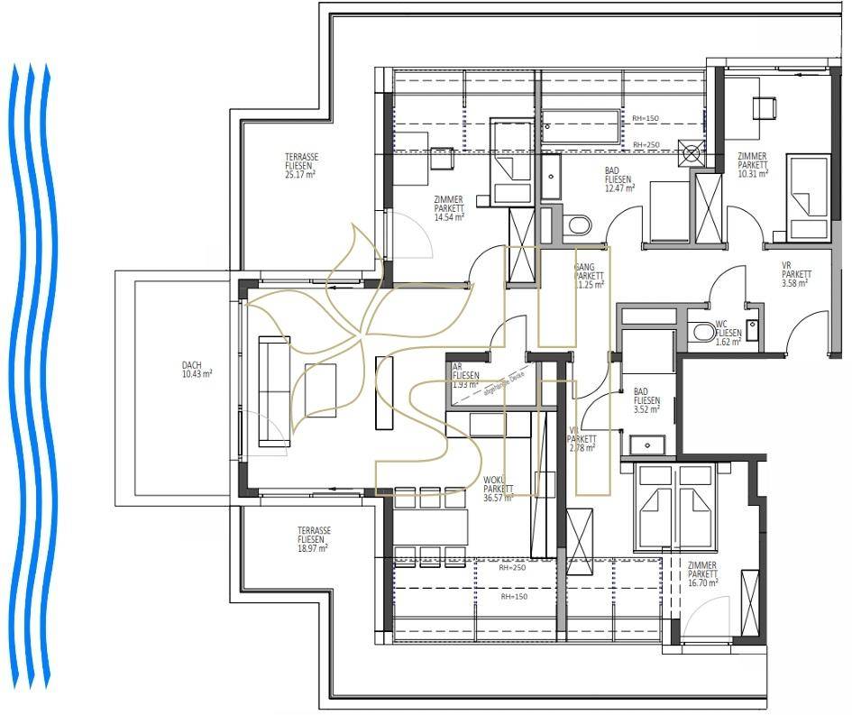 Detaillierter Grundriss einer Wohnung mit mehreren Zimmern, Bädern und zwei Terrassenbereichen.