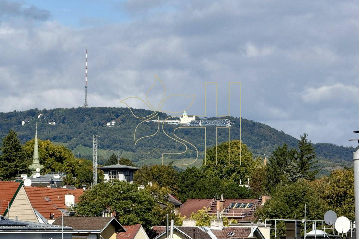 Panoramablick auf bewaldete Hügel mit Solaranlagen und einem Sendemast in der Ferne.